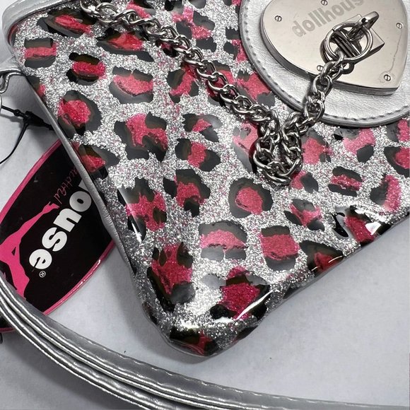 Dollhouse Pink Leopard Silver Glitter Wristlet Clutch - Picture 3 of 10